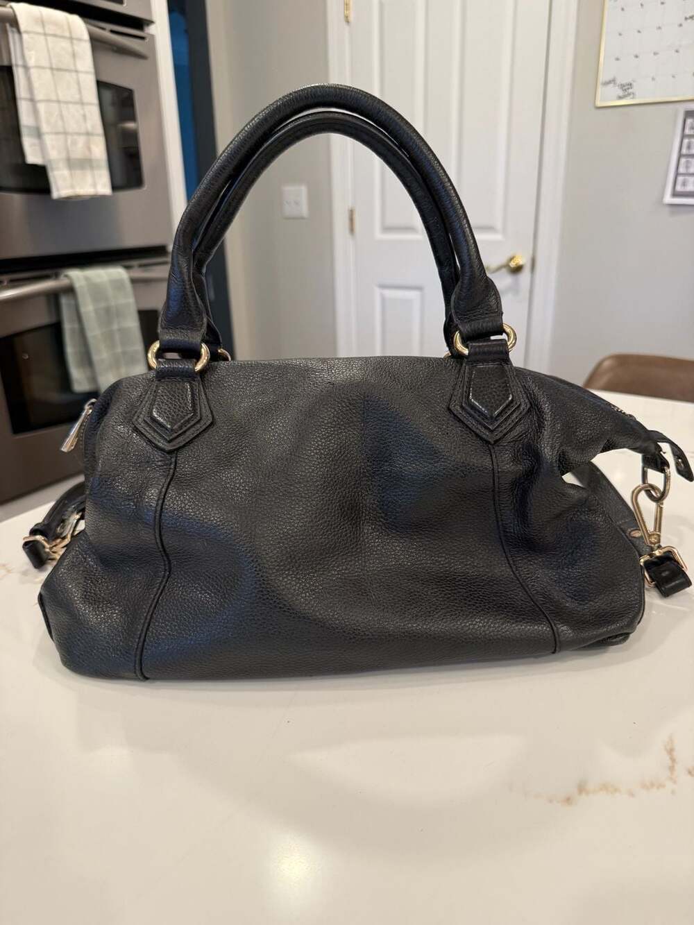 Ora Delphine Black Pebbled Leather Bowler Satchel Bag
